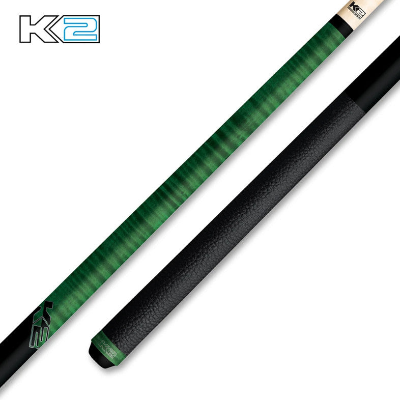 K2 Pool Cue Green Leather Wrap, 12.5mm Low Deflection Maple Shaft KLCGN