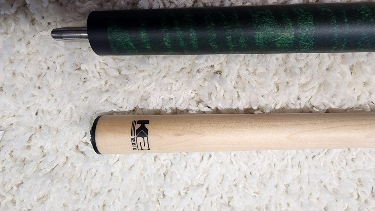 K2 Pool Cue Green Leather Wrap, 12.5mm Low Deflection Maple Shaft KLCGN