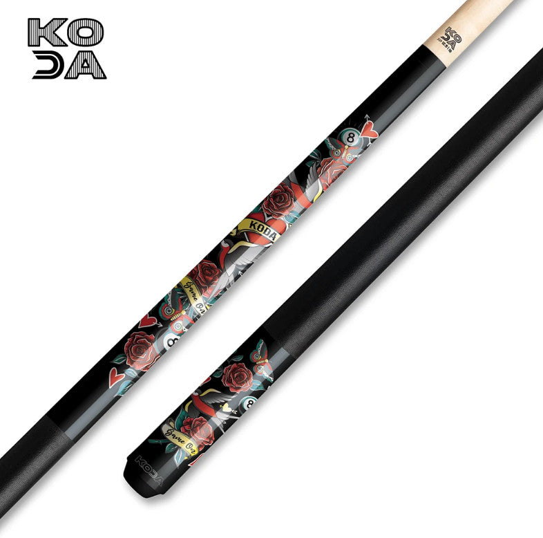 Koda Sports KDV20 Pool Cue 19oz Black Eightball Rose Graphic 12.5mm Tip