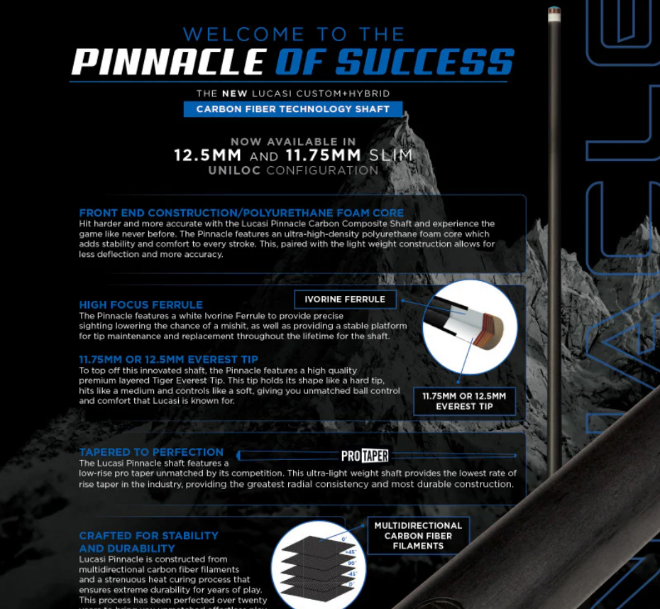 Lucasi Pinnacle - Carbon Pool Cue Play Shaft Pick Your Size and Joint!