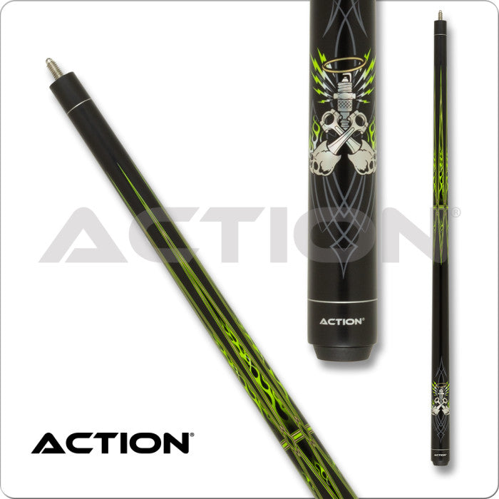 Action ACT167 Garage Series Pool Cue – Matte Black, Green Flames, 13mm Tip