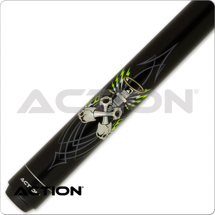 Action ACT167 Garage Series Pool Cue – Matte Black, Green Flames, 13mm Tip