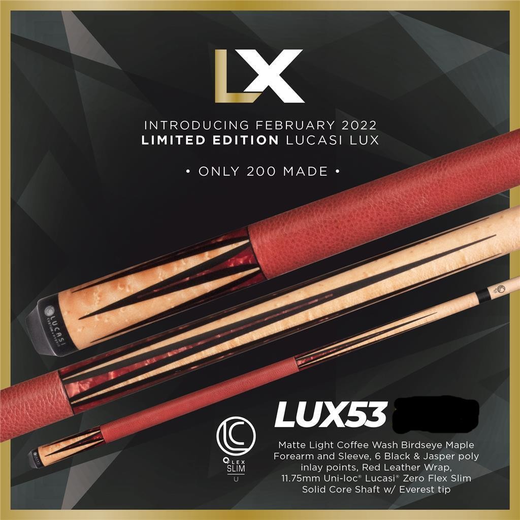 Lucasi LUX 53 Custom Pool Cue 11.75mm Uni-Loc Zero Flex Shaft New