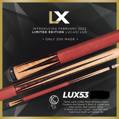 Lucasi LUX 53 Custom Pool Cue 11.75mm Uni-Loc Zero Flex Shaft New