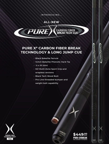 PureX Carbon Fiber Break Cue 14mm Bakelite Tip Sport Wrap Cue Stick