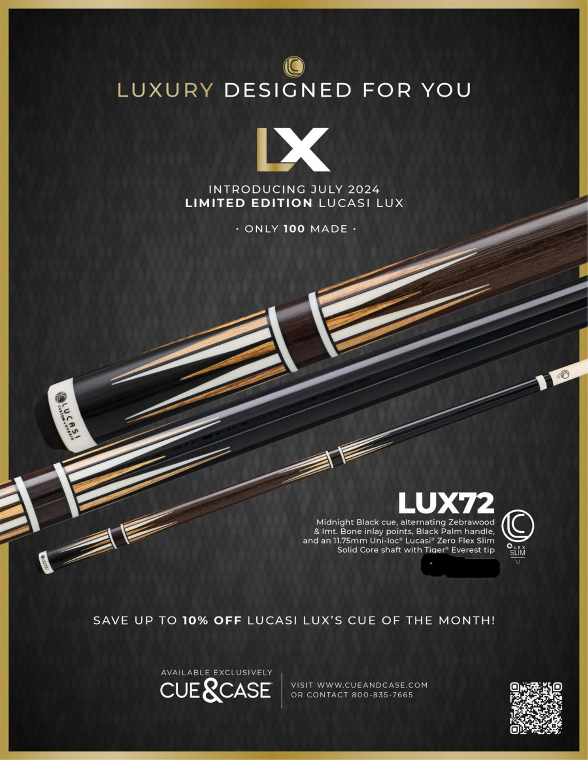 Lucasi LUX72 Pool Cue 19oz 11.75mm Slim Shaft Zebrawood Inlays Black