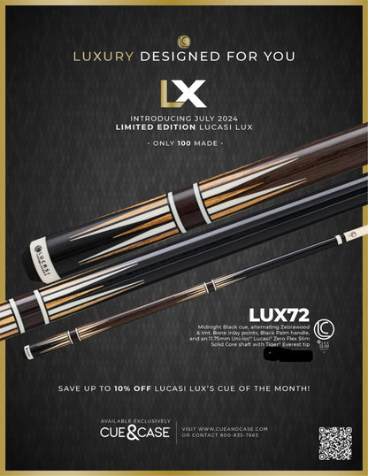 Lucasi LUX72 Pool Cue 19oz 11.75mm Slim Shaft Zebrawood Inlays Black