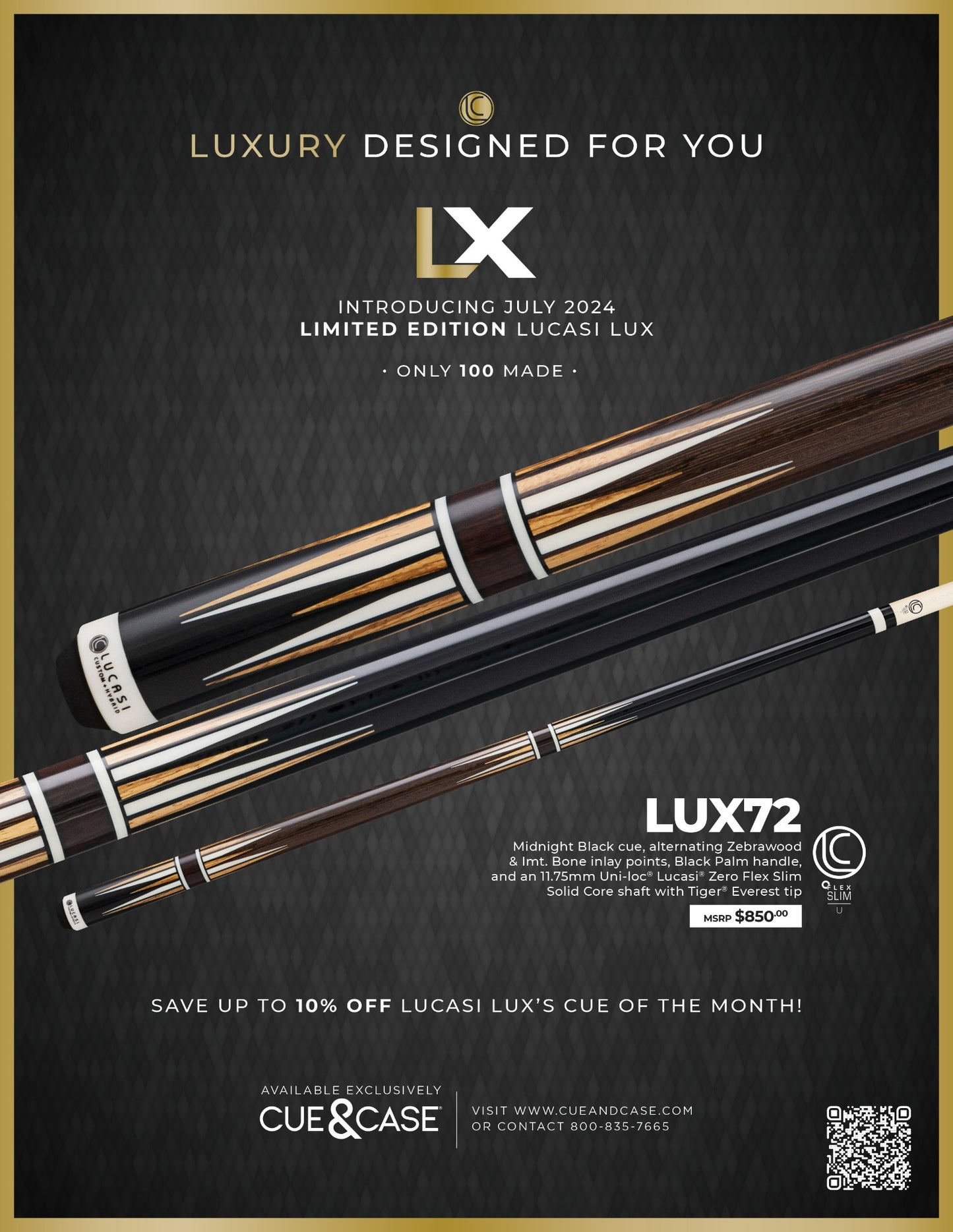 Lucasi LUX 72 Pool Cue 19oz 11.75mm Hybrid Slim $850 MSRP