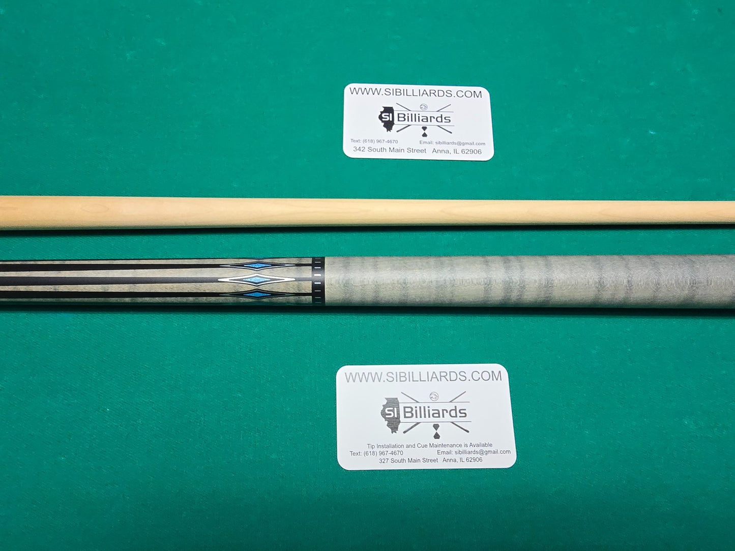 KODA KD55GY Pool Cue - Gray Curly Maple Overlay with Black and Abalone Points