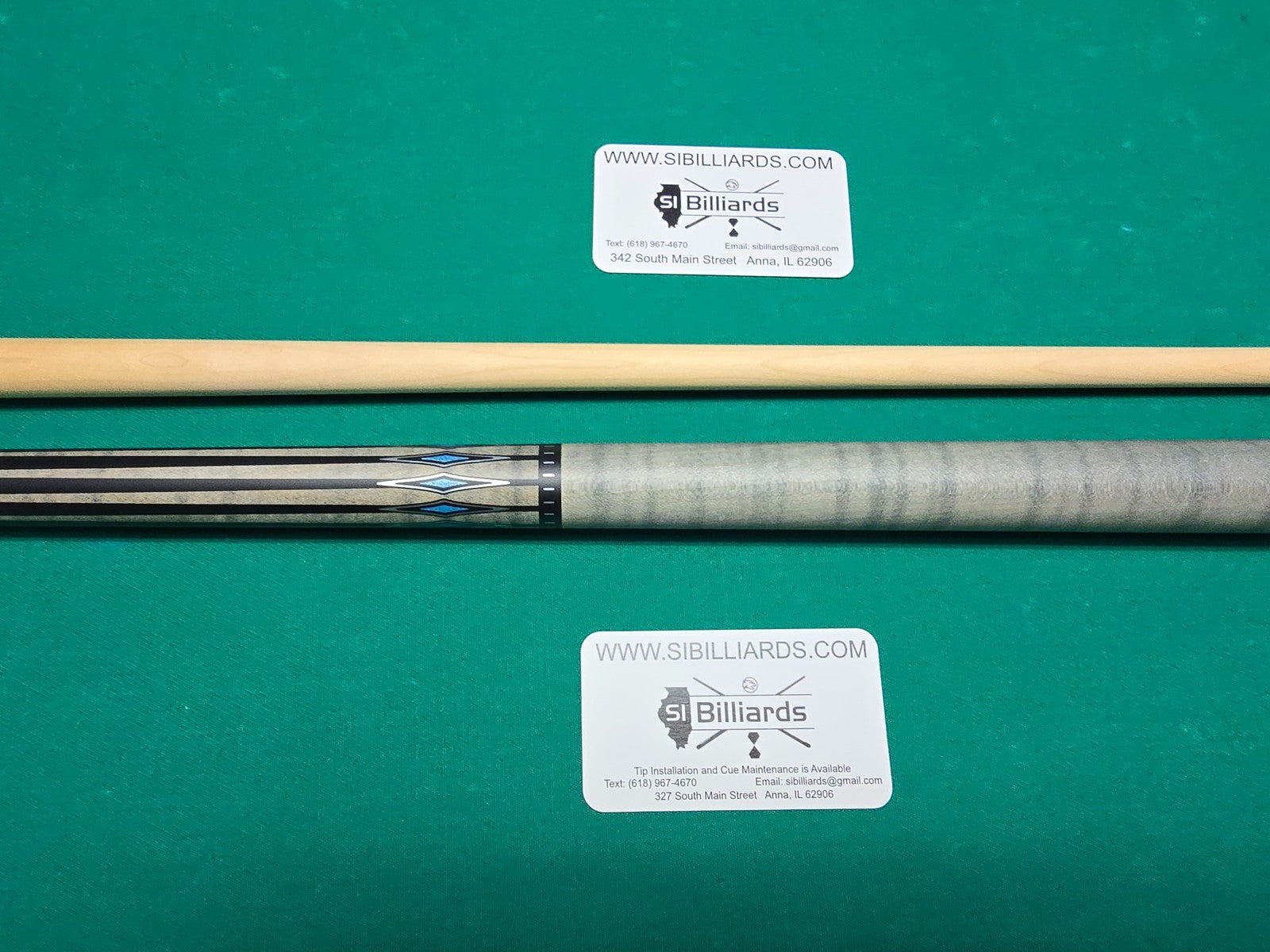 KODA KD55GY Pool Cue - Gray Curly Maple Overlay with Black and Abalone Points