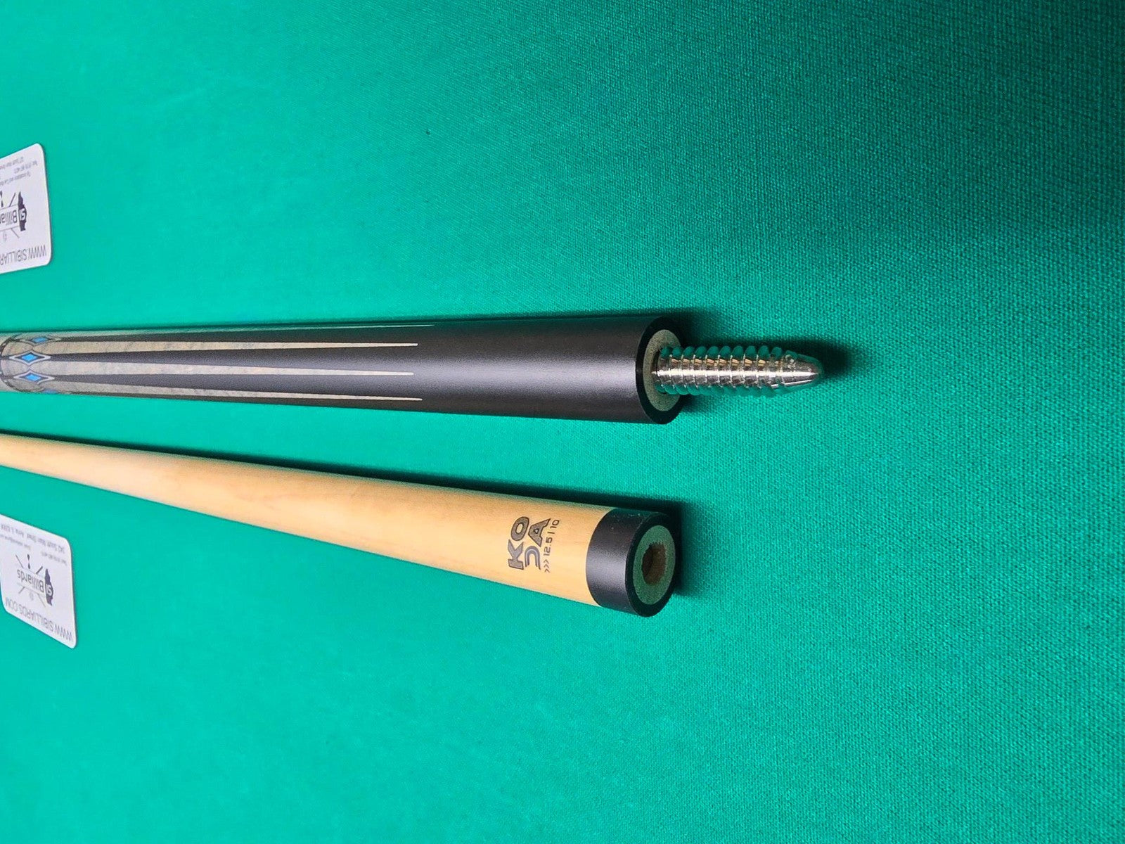 KODA KD55GY Pool Cue - Gray Curly Maple Overlay with Black and Abalone Points