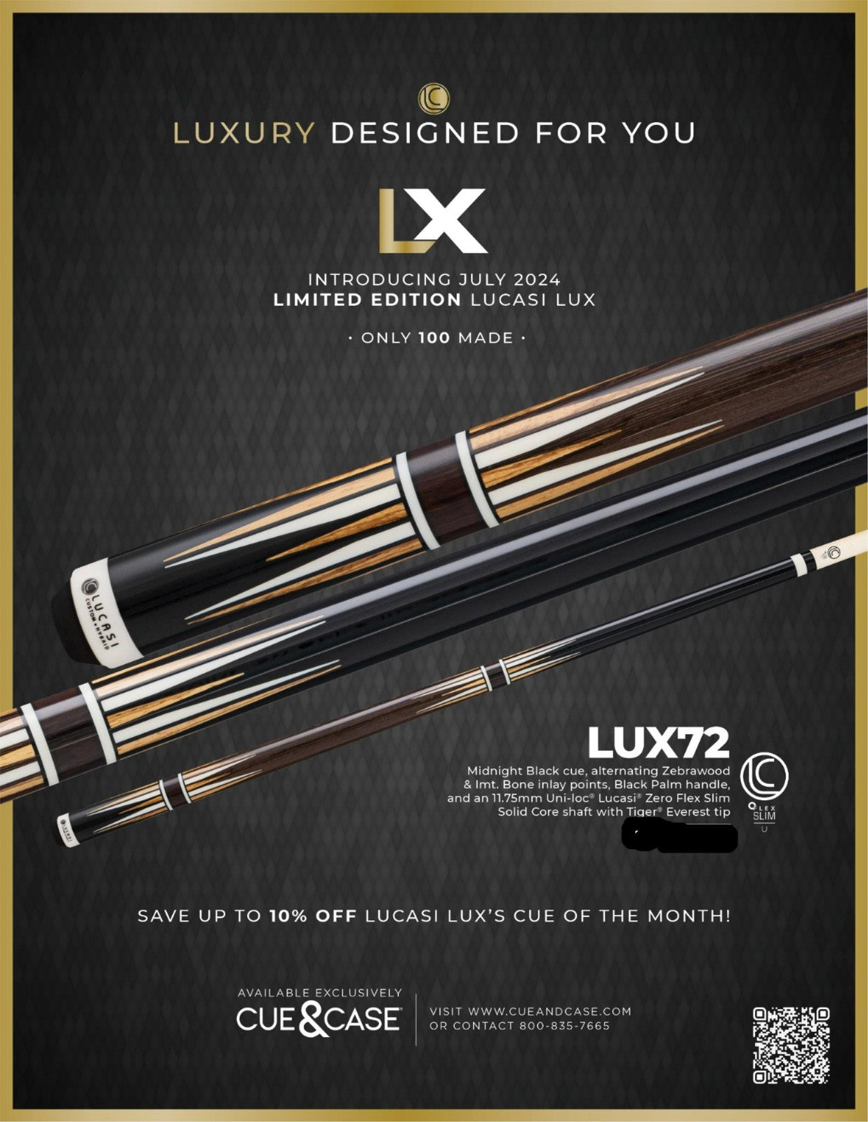 Lucasi LUX 72 Pool Cue 19oz 11.75mm Hybrid SlimShaft