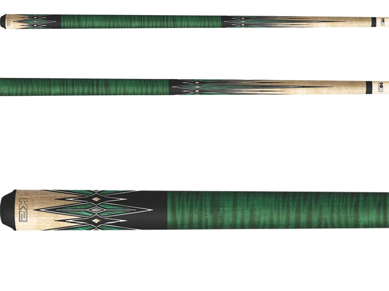 KODA K2 POOL CUE KL180 Gloss Birdseye, Floating Green/Black Points, Wrapless 