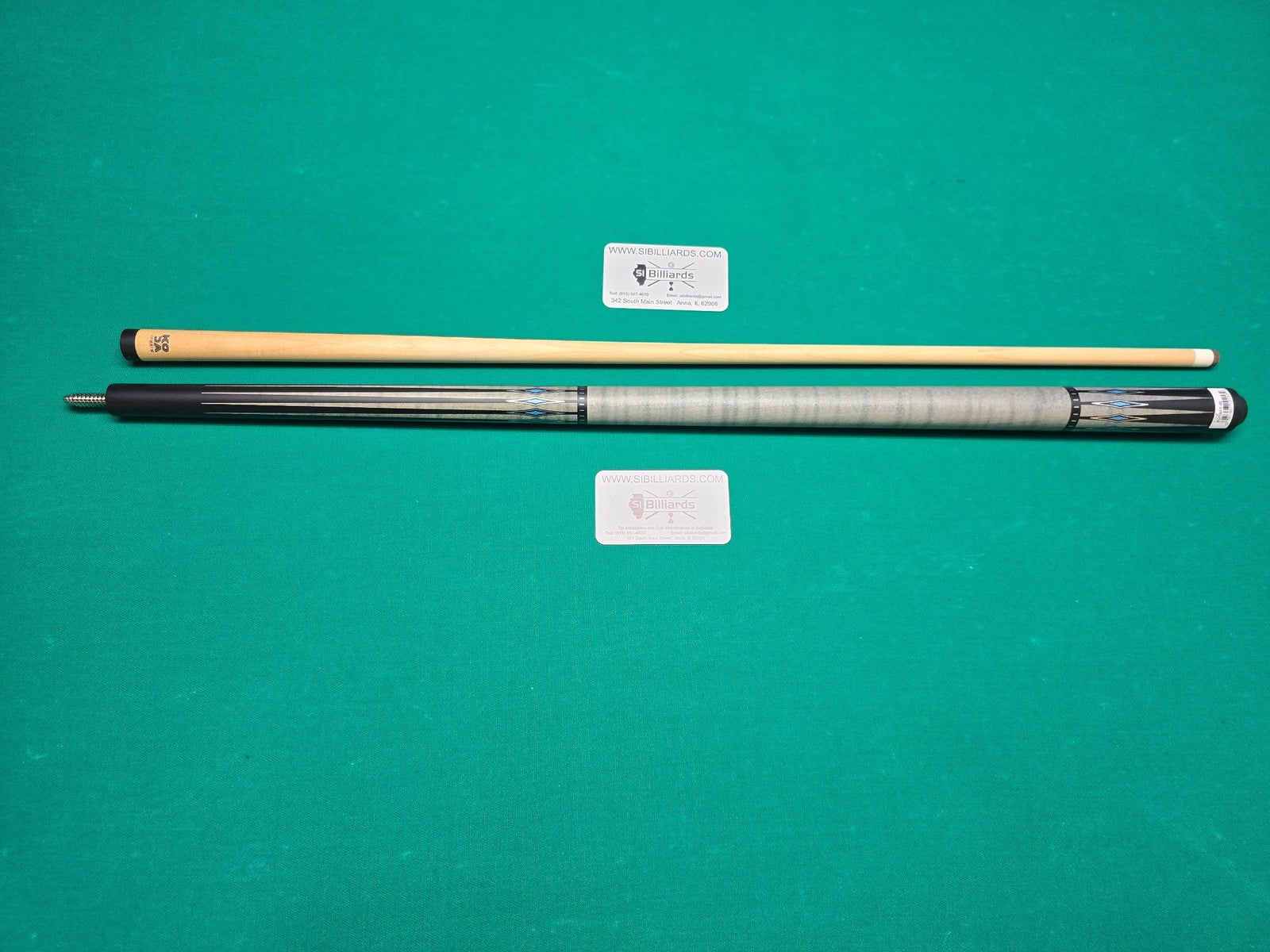 KODA KD55GY Pool Cue - Gray Curly Maple Overlay with Black and Abalone Points