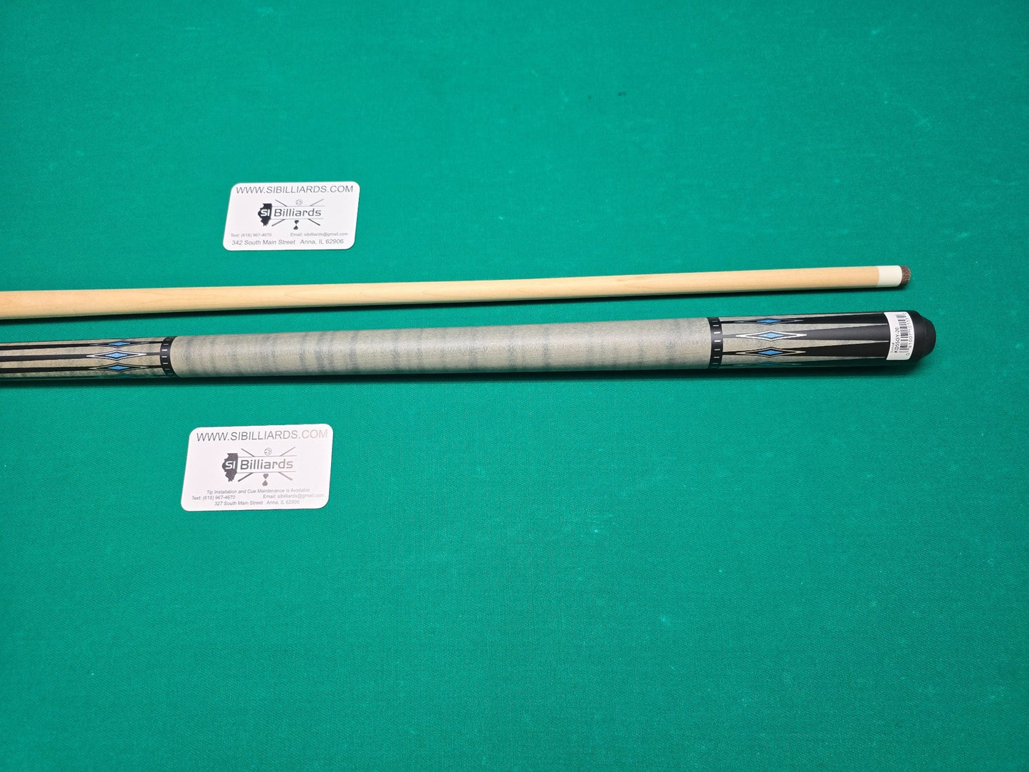 KODA KD55GY Pool Cue - Gray Curly Maple Overlay with Black and Abalone Points
