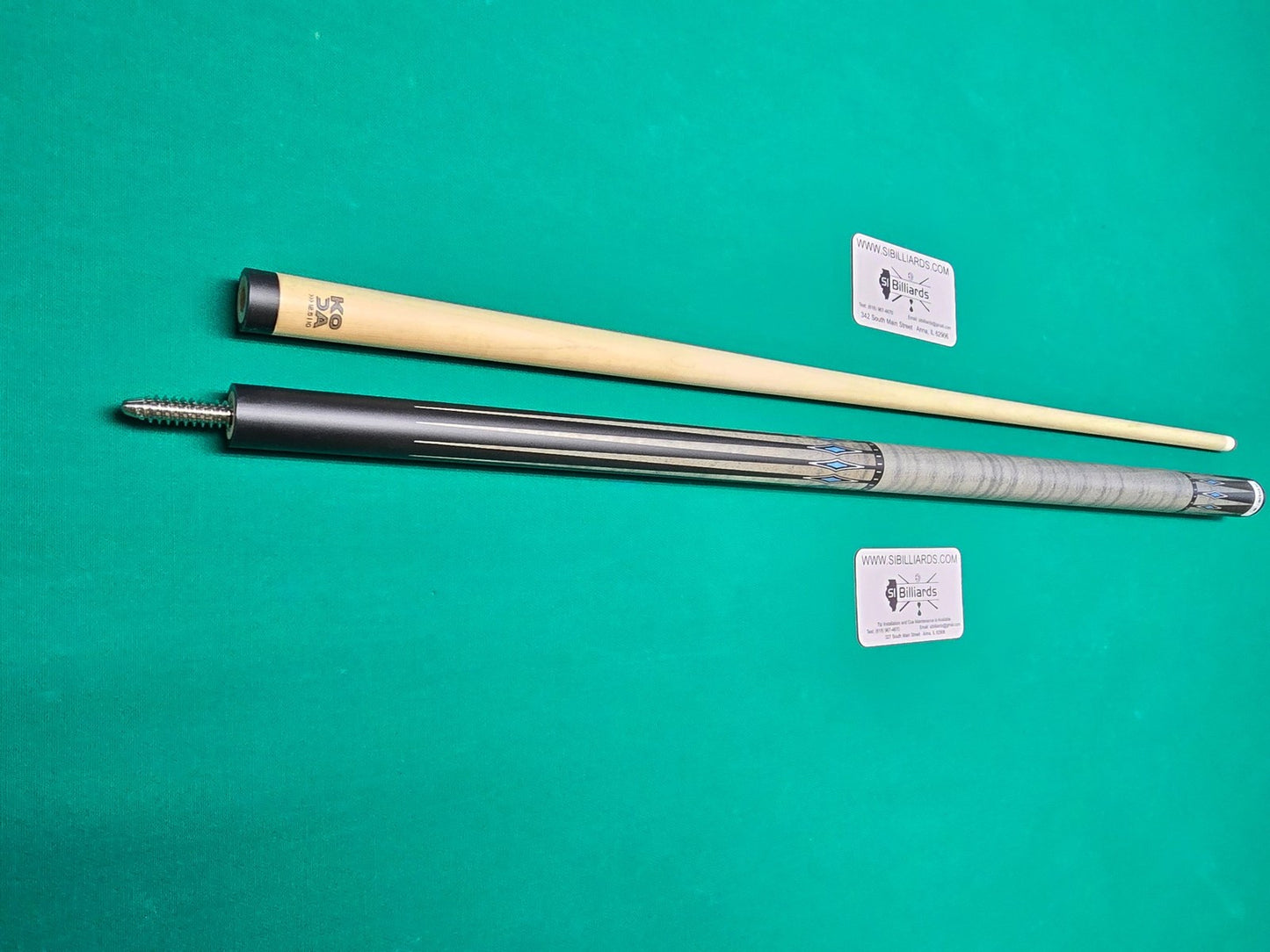 KODA KD55GY Pool Cue - Gray Curly Maple Overlay with Black and Abalone Points