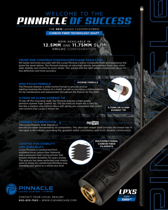 LUCASI LP20 CARBON FIBER CUE 12.5 MM SHAFT PINNACLE UNILOC JOINT NEW SHIPS FREE