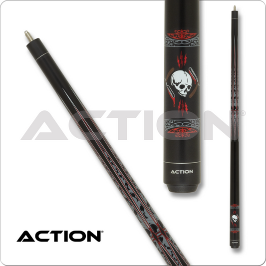 Action ACT168 Garage Series Pool Cue – Matte Black, Skull & Lightning Graphics,