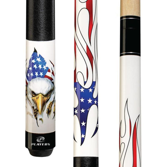 Players D-PEG White with Screaming Bald Eagle and American Flag Flames Cue