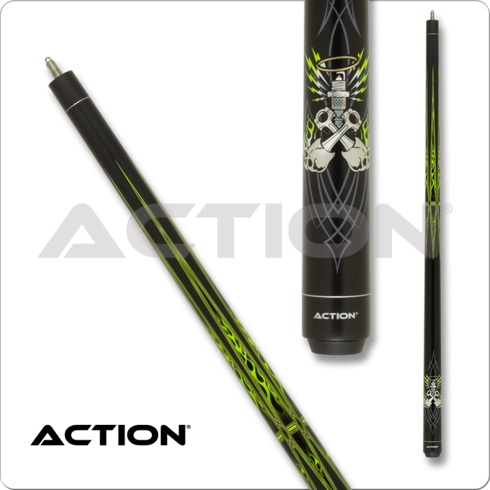 Action ACT167 Garage Series Pool Cue – Matte Black, Green Flames, 13mm Tip
