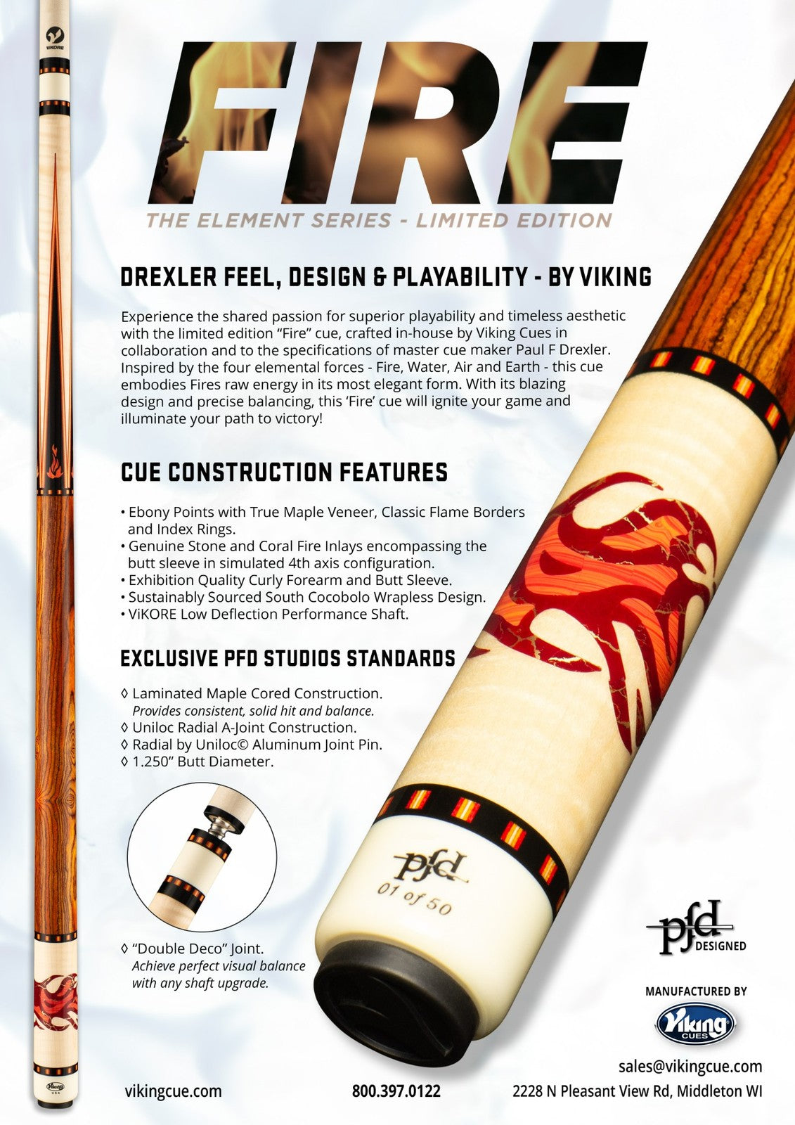 Viking Element Series Fire Pool Cue, Limited Edition, Maple Shaft, 58 Inch
