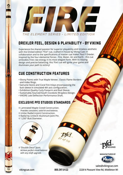 Viking Element Series Fire Pool Cue, Limited Edition, Maple Shaft, 58 Inch