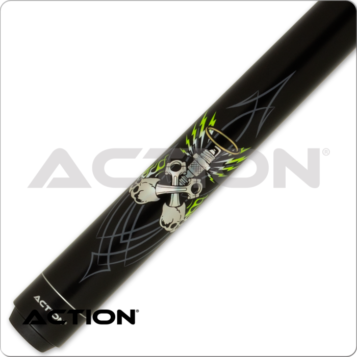 Action ACT167 Garage Series Pool Cue – Matte Black, Green Flames, 13mm Tip